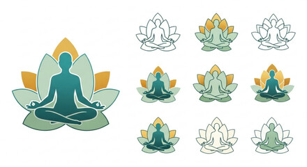 Collection of yoga lotus position icons set of different style yoga poses in lotus flower for meditation and relaxation