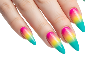 Bright rainbow gradient manicure on long stiletto artificial nails for beauty and fashion advertising. isolated PNG with Transparent Background