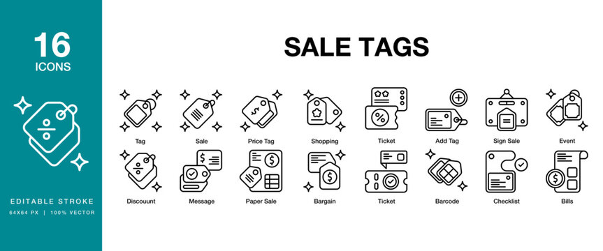 Sale Tags icon set. Includes sale, label, price, offer, tag, discount and More. Editable Stroke Icon Collection.
