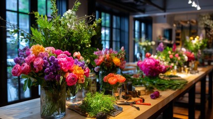 Fototapeta premium Colorful flower arrangement workshop taking place indoors with vibrant flowers displayed on tables in a cozy setting