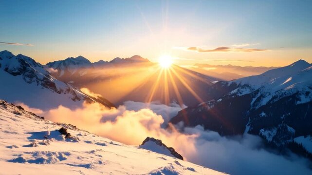 Majestic sunset over snowy mountain peaks