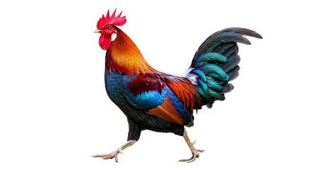 Magnificent colorful rooster walking with vibrant plumage, isolated studio shot isolated PNG with Transparent Background