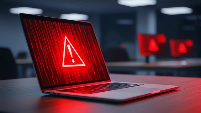 Laptop with a warning icon on screen, placed on a table, red glowing effect, office background