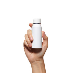 Hand Holding White Matte Roll-On Bottle — on transparent png Background