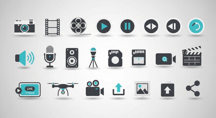 Collection of media icons, including camera, video, microphone, speaker, drone, upload, and other multimedia symbols