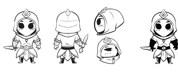 Adorable brave character design with a dagger and hood ready for adventure, perfect for game development and animation projects, a charming hero illustration