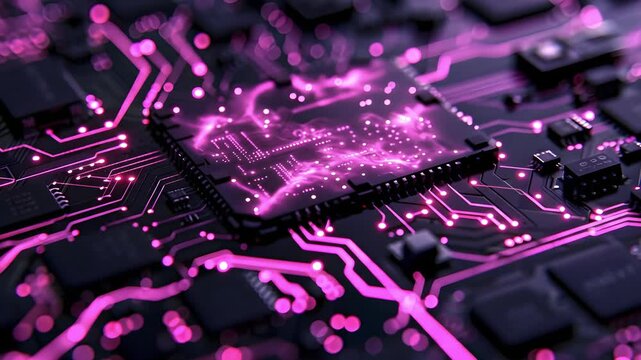 Futuristic AI CPU processing data with glowing pink energy pulses on a circuit board animation