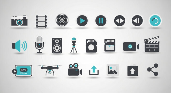 Collection of media icons, including camera, video, microphone, speaker, drone, upload, and other multimedia symbols