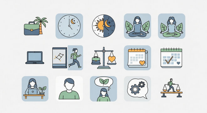 Set of icons representing work life balance, including time management, health, and wellness vector illustration