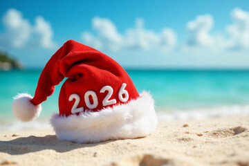 New Year 2026 background with red Santa hat on Caribbean beach.