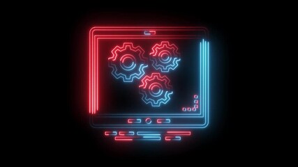 Neon tablet with gears animation glowing red and blue digital technology concept - Powered by Adobe