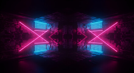 Futuristic neon corridor with glowing vibrant lights and abstract geometric patterns