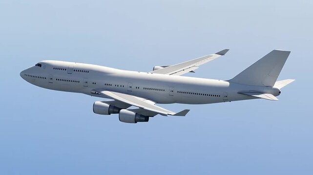 White passenger airplane Boeing 747 flying above the clouds in a blue sky background. High angle double decker aircraft with four engine. Modern passenger jet airplane.