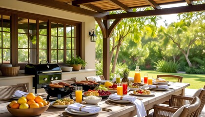 Luxury outdoor dining setup for a vibrant summer tropical family gathering