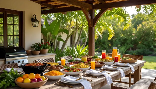 Abundant feast of fresh healthy food and beverages on a sunny patio table - Powered by Adobe
