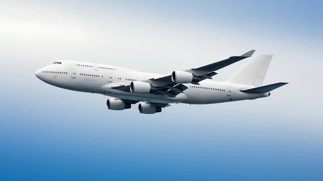 White passenger airplane Boeing 747 flying above the clouds in a blue sky background. Low angle double decker aircraft with four engine. Modern passenger jet airplane.