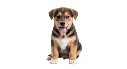 Adorable tricolor puppy dog sitting and looking directly at the camera, happy expression isolated PNG with Transparent Background