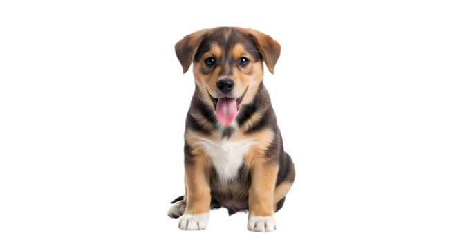 Adorable tricolor puppy dog sitting and looking directly at the camera, happy expression isolated PNG with Transparent Background