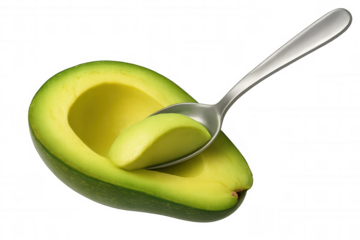 Fresh avocado half with healthy green fruit being scooped by a spoon on a transparent background