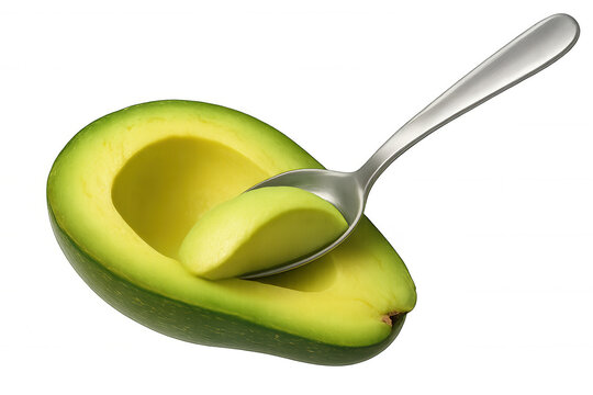Fresh avocado half with healthy green fruit being scooped by a spoon on a transparent background
