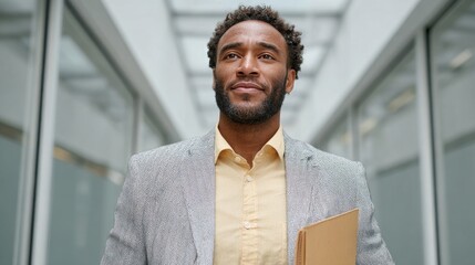 Man walking down hallway of office building.