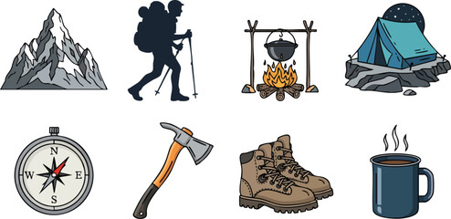 An illustrated collection of camping and hiking elements including mountains, a hiker, campfire, tent, compass, axe, boots, and a steaming mug, perfect for outdoor adventure themes.