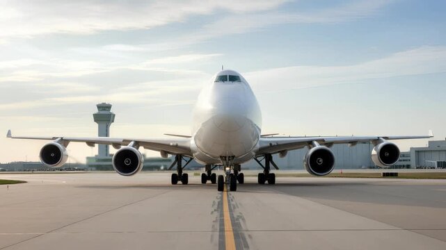 White passenger airplane Boeing 747 taxiing at the airport. Front view double decker aircraft with four engine. Modern passenger jet airplane.