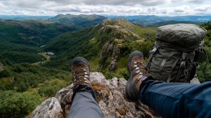Person sitting on rocky hillside, wearing hiking boots, backpack, and outdoor gear, overlooking scenic landscape with mountains and trees in background.