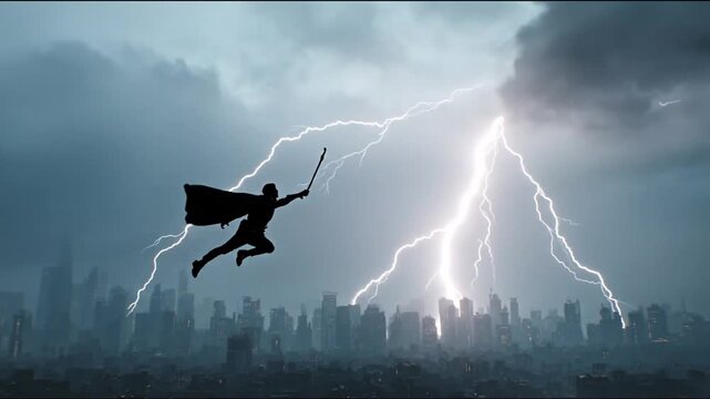 Superhero silhouette soaring in dramatic lightning storm over city