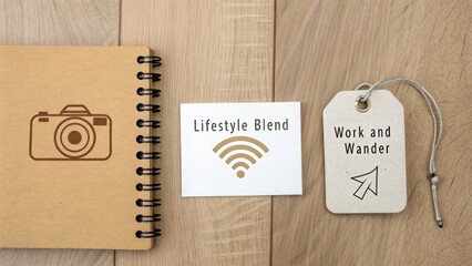 Creative Workspace with Notebook, Camera, and Travel Tag