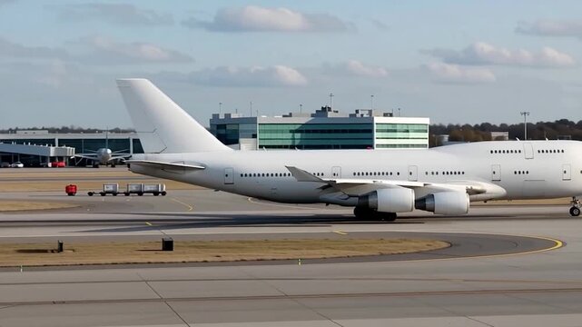 White passenger airplane Boeing 747 taxiing at the airport. Side view double decker aircraft with four engine. Modern passenger jet airplane.