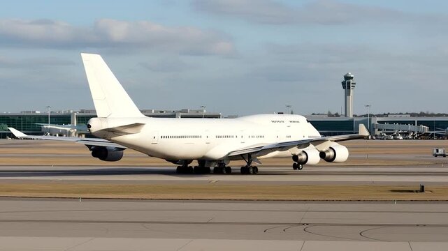 White passenger airplane Boeing 747 taxiing at the airport. Corner back view double decker aircraft with four engine. Modern passenger jet airplane.
