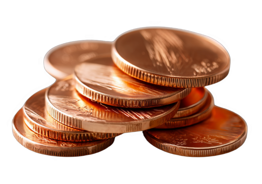 A close-up view of a stack of shiny copper coins, showcasing their metallic surface and stacked structure.
