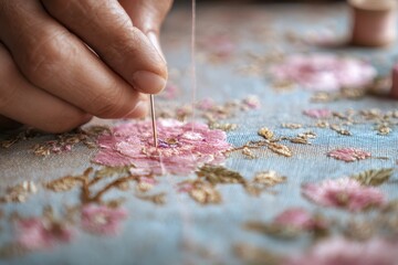 A person is making a piece of fabric