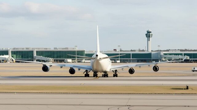 White passenger airplane Boeing 747 taxiing at the airport. Rear view double decker aircraft with four engine. Modern passenger jet airplane.