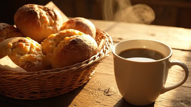 Basket of fresh bread rolls next to a steaming cup of coffee, video 4K