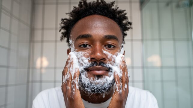 Man shaving his beard in bathroom mirror.
