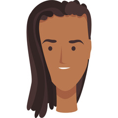 Flat Design Illustration of a Smiling Person With Dark Hair and Brown Skin on a Transparent Background