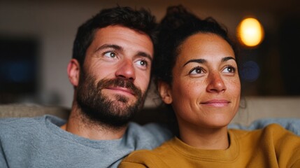 Fototapeta premium Couple sitting together, smiling at camera.