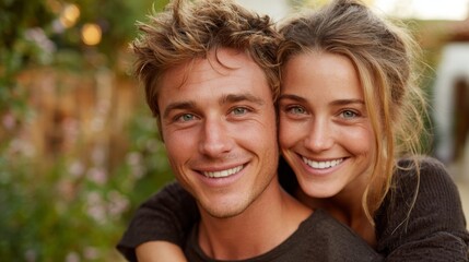 Fototapeta premium Two people posing for a picture outdoors.