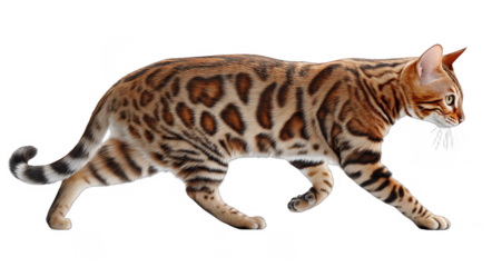 A Bengal cat with a unique spotted coat is shown walking, highlighting its distinct fur pattern and graceful movement.