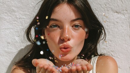 A woman blowing confetti from her mouth.