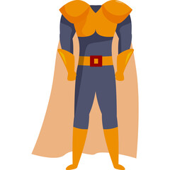 Full Body View of a Cartoon Superhero Costume With Orange Accents and a Peach Cape Standing Against a Transparent Background
