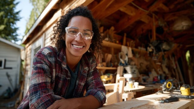 Woman posing in a workshop with tools and woodworking equipment around her.