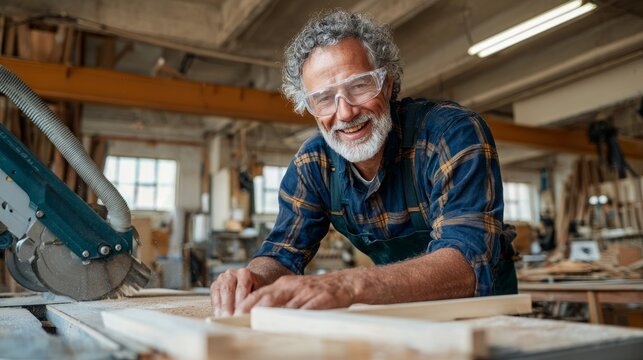 Man working in woodshop. - Powered by Adobe