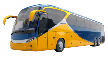 A modern large passenger bus with vibrant blue and yellow colors, suitable for long-distance travel and public transportation.