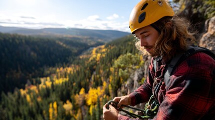 Man hiking in forested mountain area.