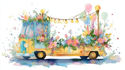 A colorful, festive vehicle adorned with flowers, balloons, and string lights, exuding a joyful, celebratory atmosphere.
