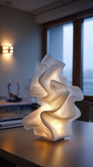 A white lamp sitting on top of a table