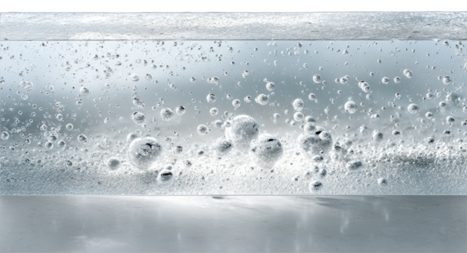Bubbles rising in clear liquid illustrating water and oxygen molecules in a scientific context.